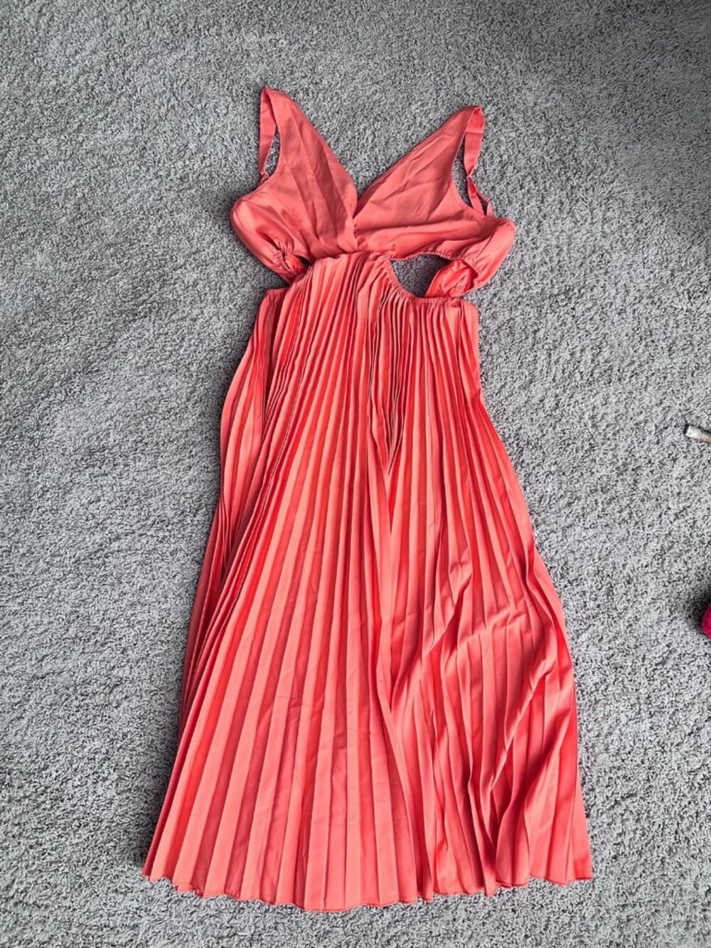 Coral Pleated Maxi Dress with Side Cutouts